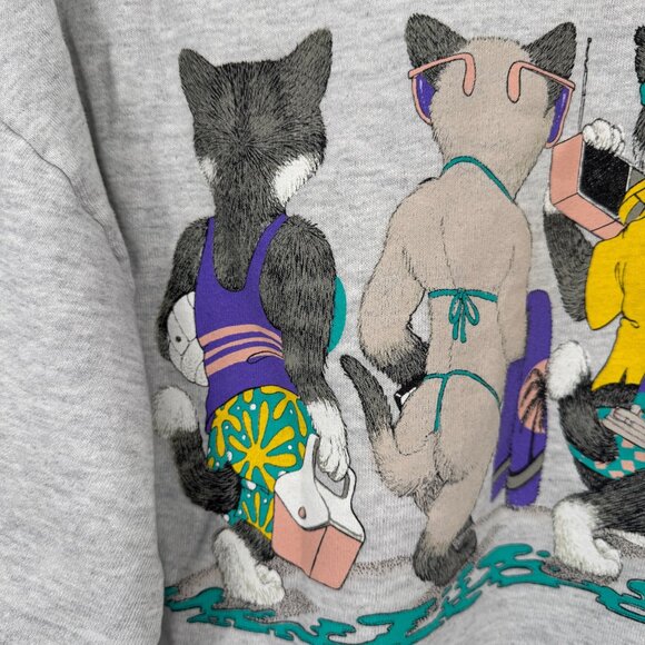 Vintage '90s Cute Cat Kitten Sweatshirt size large cats beach pool sunglasses *r - Picture 12 of 15